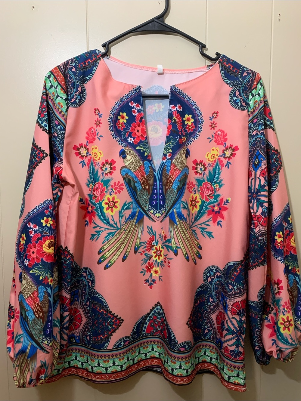 Women's Small Pink Floral Parrot Long-Sleeve Top